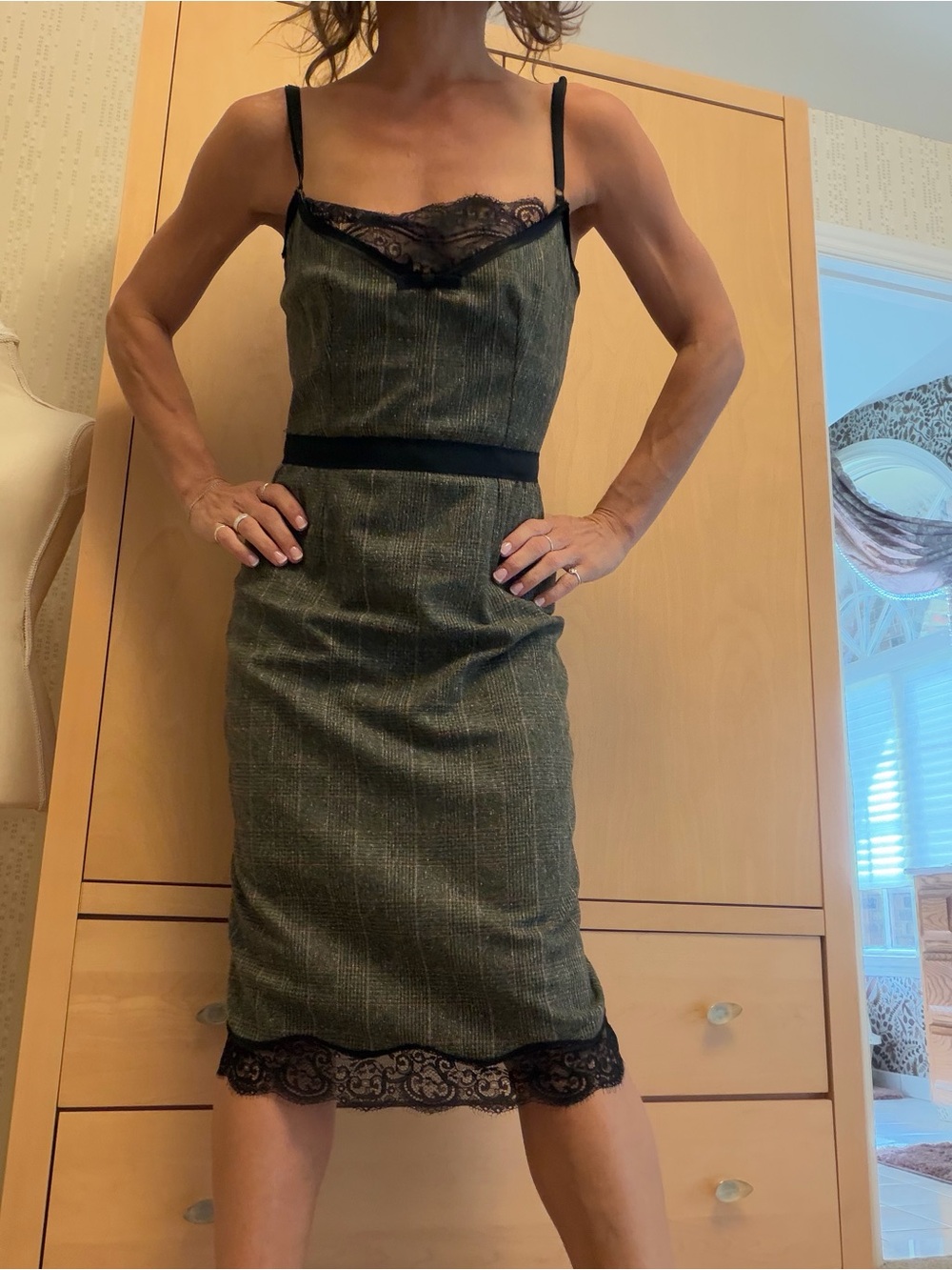 Dolce & Gabbana Olive Pinstripe Midi Slip Dress with Black Lace Trim